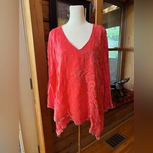 Johnny Was Coral Embroidered Top